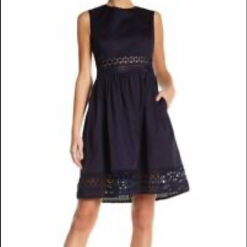 Ted Baker Navy Blue Eyelet Lace Panel Fit & Flare Dress